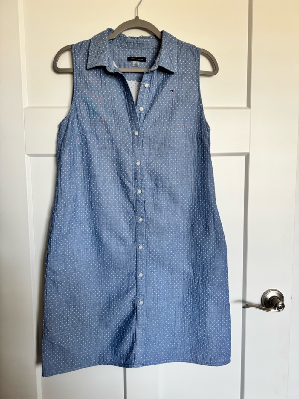NWOT Tommy Hilfiger Blue Sleeveless Button-Front Polka Dot Shirt Dress Size 8 - Picture 2 of 16